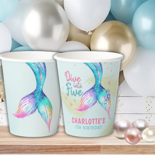 Mermaid Tail Glitter Dive into Five 5th birthday Paper Cups (Creator Uploaded)
