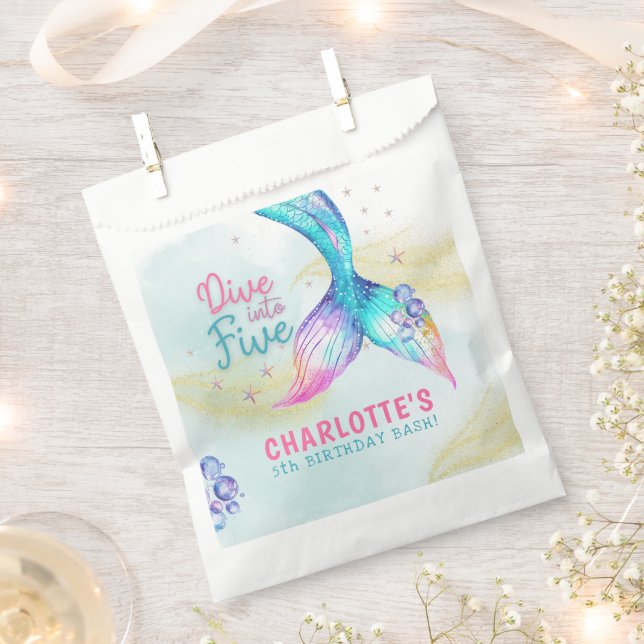 Mermaid Tail Glitter Dive into Five birthday Favour Bags (Clipped)