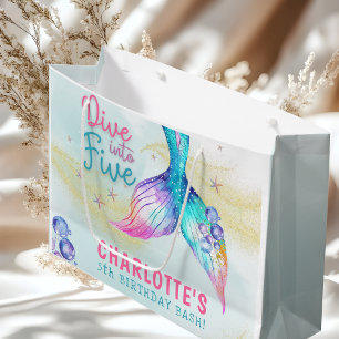 Mermaid Tail Glitter Dive into Five birthday Large Gift Bag