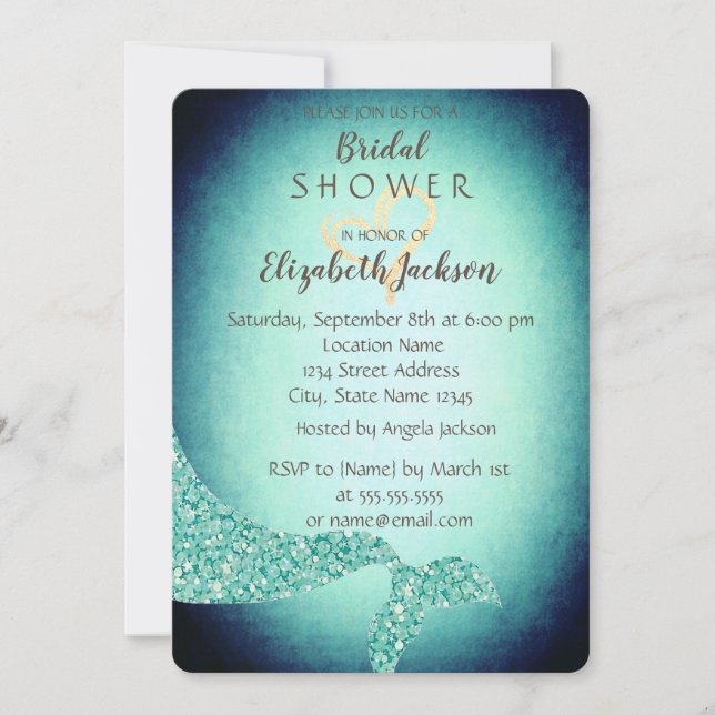 Mermaid Tail,Gold Heart Bridal Shower Invitation (Front)