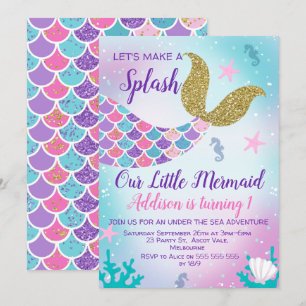 Mermaid Tail Gold Pink Purple Birthday Invitation