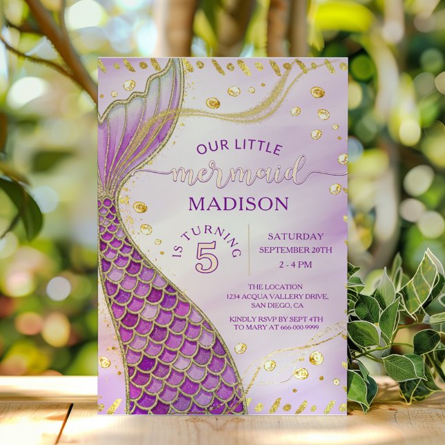 Mermaid Tail Gold Pink Purple Girl Birthday Party Invitation (Mermaid tale pink purple gold birthday party invitation)