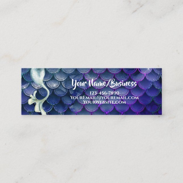 Mermaid Tail in Blue and Sparkling Scales Beach Mini Business Card (Front)