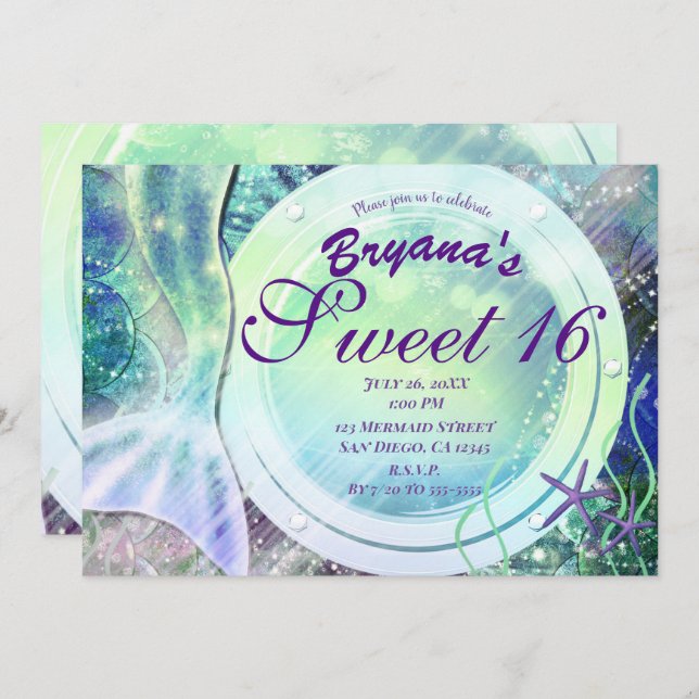 Mermaid Tail Magic Under Sea Sweet 16 Light Glow  Invitation (Front/Back)