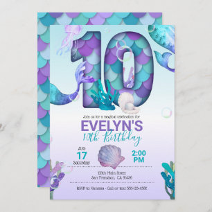 Mermaid Tail Mermaid Invitation for 10th Birthday