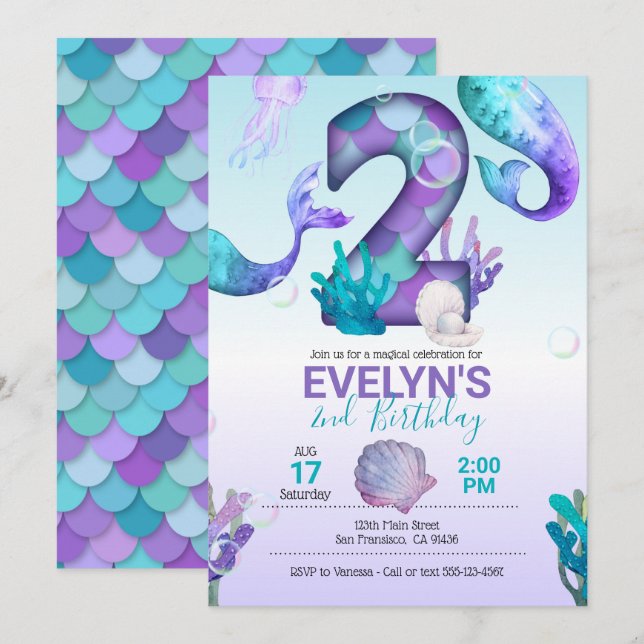 Mermaid Tail Mermaid Invitation for 2nd Birthday (Front/Back)