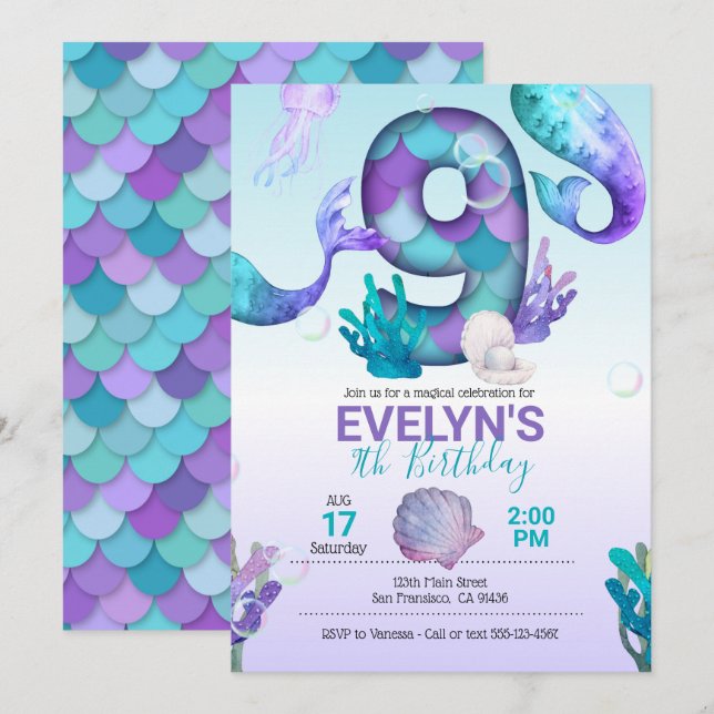 Mermaid Tail Mermaid Invitation for 9th Birthday (Front/Back)