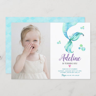 Mermaid Tail Ocean Cute Watercolor Photo Birthday Invitation