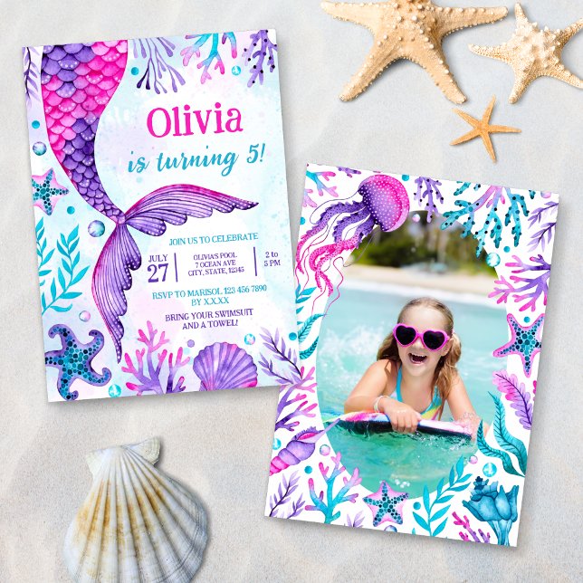 Mermaid Tail Pool Party Photo Birthday Watercolor Invitation (Mermaid Tail Pool Party Photo Birthday Invitation)