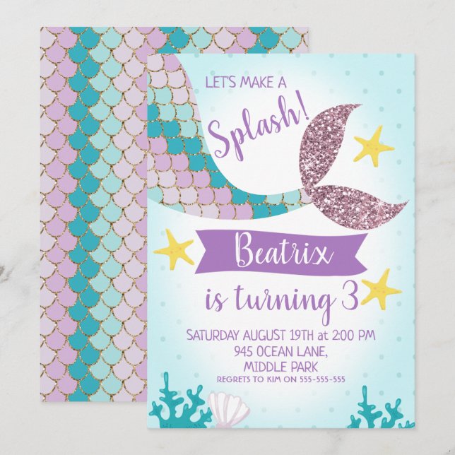 Mermaid Tail Purple And Teal Birthday Invitation (Front/Back)