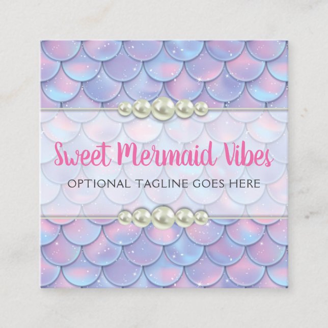Mermaid Tail Scale & Pearl Pastel Sparkle Boutique Square Business Card (Front)