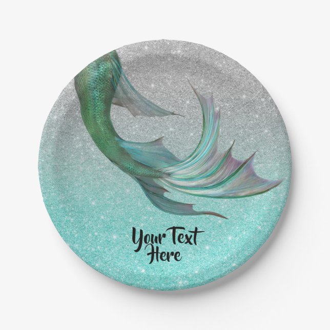 Mermaid Tail Silver Teal Glitter Personalised Paper Plate (Front)