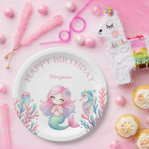 Mermaid Tail Teal Pink Girly Birthday Party Paper Plate