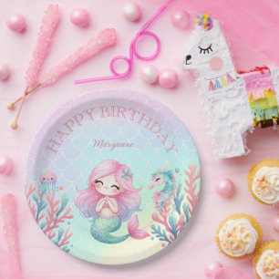Mermaid Tail Teal Pink Girly Birthday Party Paper Plate