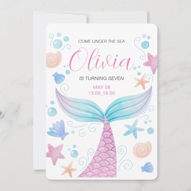 Mermaid Tail Under the Sea Pink Birthday  Invitation (Front)