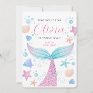 Mermaid Tail Under the Sea Pink Birthday Invitation