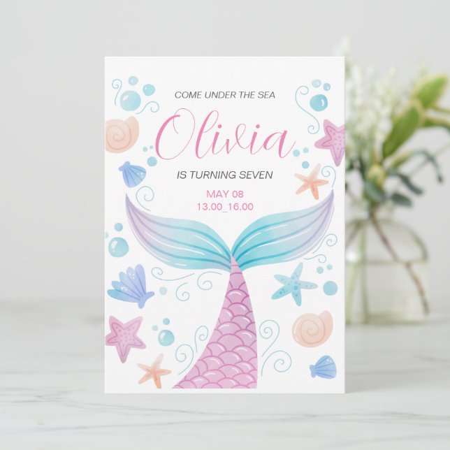 Mermaid Tail Under the Sea Pink Birthday  Invitation (Standing Front)