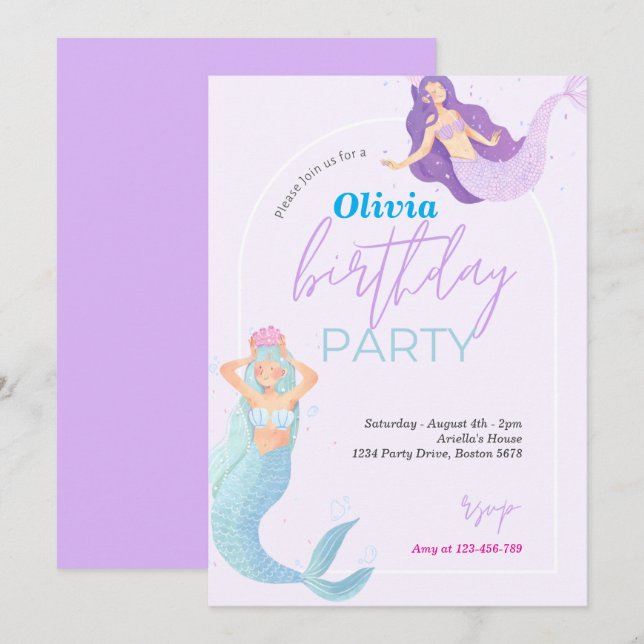 Mermaid Tail Under The Sea Pink Gold Birthday Invitation (Front/Back)