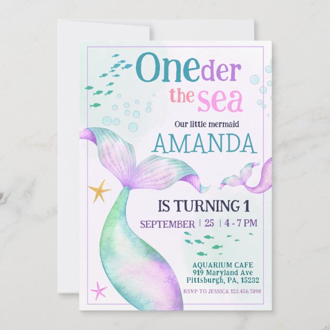 Mermaid tail Watercolor Birthday Under the Sea Invitation (Front)