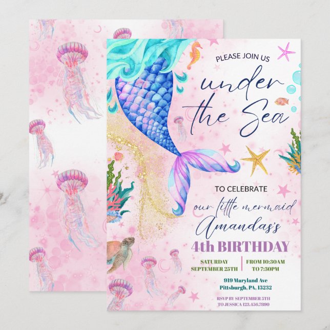 Mermaid tail Watercolor Birthday Under the Sea Invitation (Front/Back)