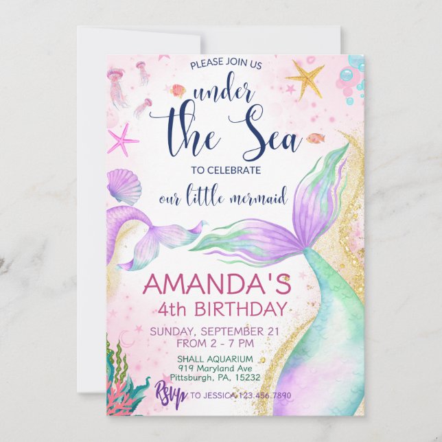Mermaid tail Watercolor Birthday Under the Sea Invitation (Front)