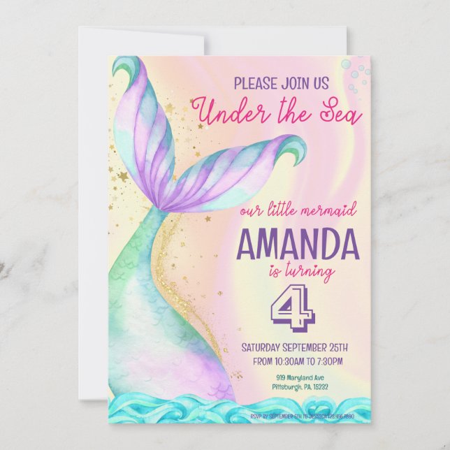 Mermaid tail Watercolor Birthday Under the Sea Invitation (Front)