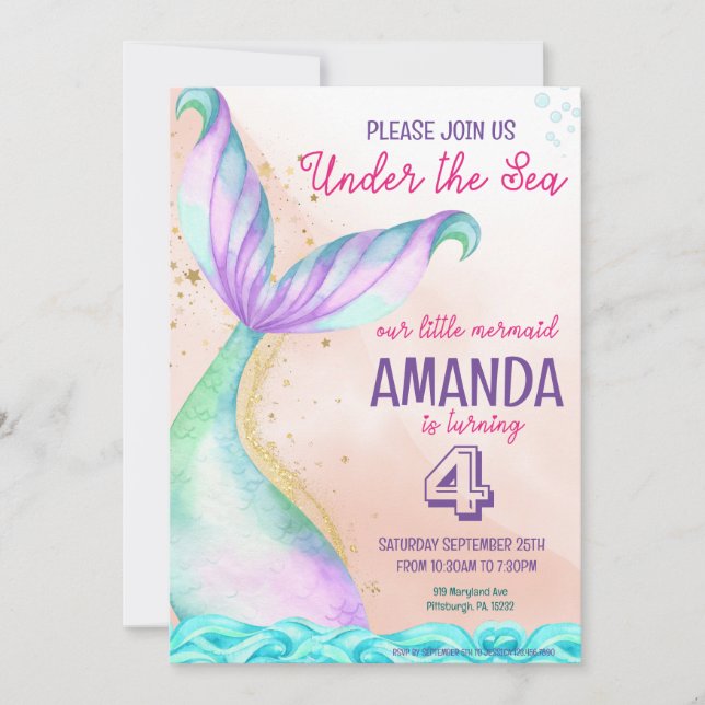 Mermaid tail Watercolor Birthday Under the Sea Invitation (Front)