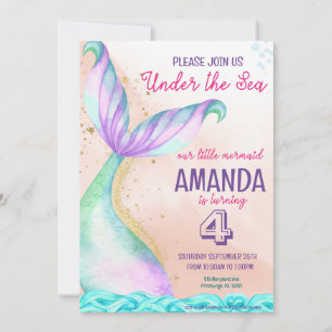 Mermaid tail Watercolor Birthday Under the Sea Invitation