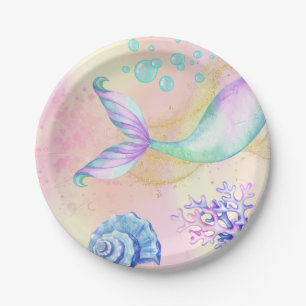 Mermaid tail Watercolor Birthday Under the Sea Paper Plate