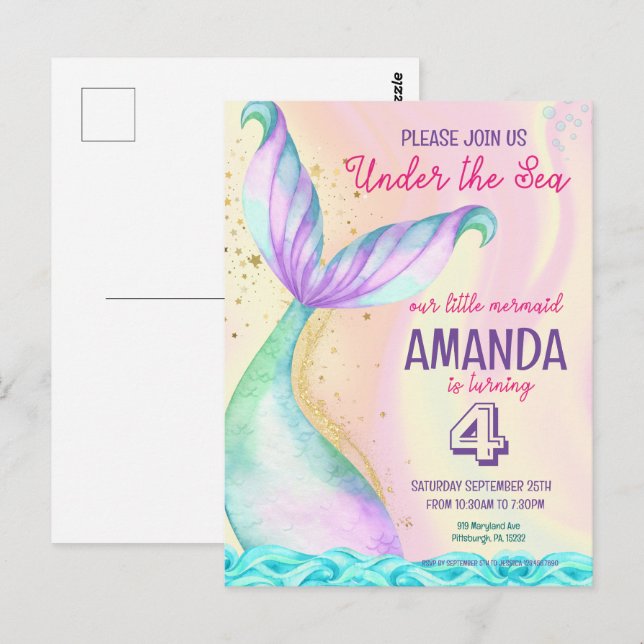 Mermaid tail Watercolor Birthday Under the Sea Postcard (Front/Back)