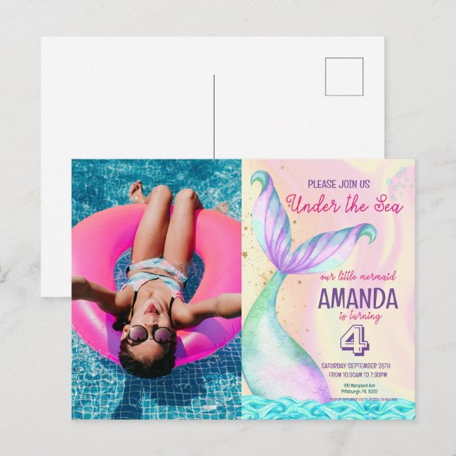 Mermaid tail Watercolor Birthday Under the Sea Postcard (Front/Back)