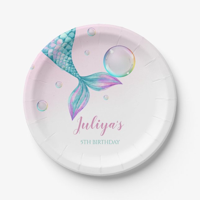Mermaid Tail with bubbles Birthday Paper Plate (Front)