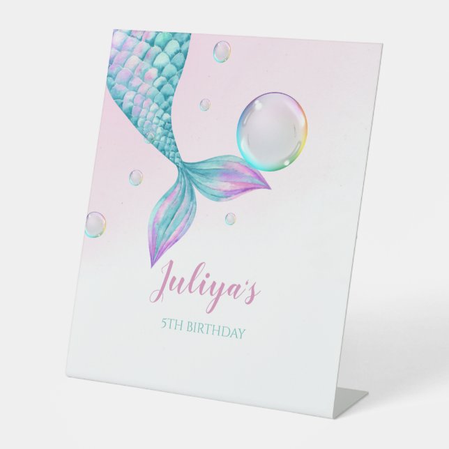 Mermaid Tail with bubbles Birthday Pedestal Sign (Front)