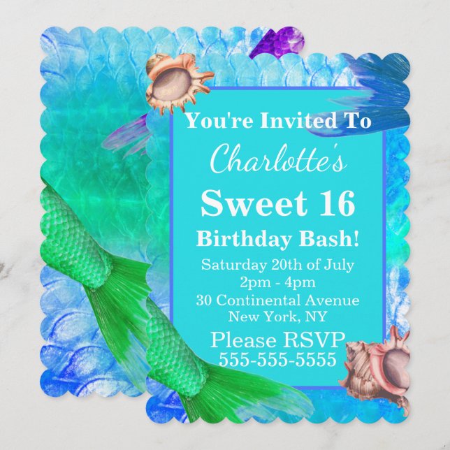 Mermaid Tails & Conch Shells Sweet 16 Party Invitation (Front/Back)