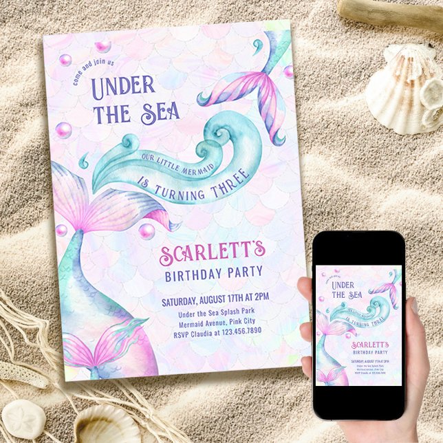 Mermaid Tails Under the Sea Girls Birthday Party Invitation (Creator Uploaded)