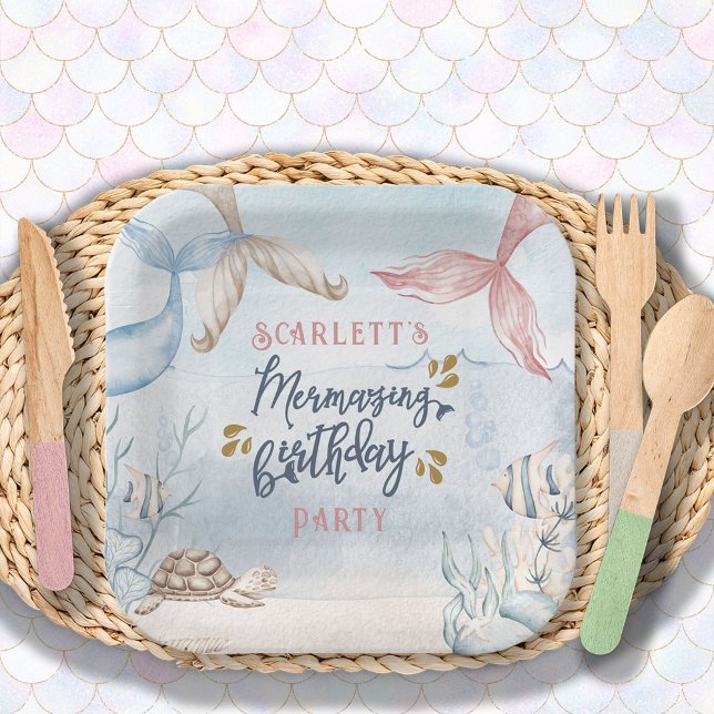 Mermaid Tails Watercolor Mermazing Birthday Party Paper Plate (Creator Uploaded)