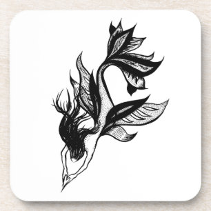 Mermaid Tattoo Style Stipple Shaded Ink Drawing Coaster