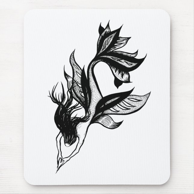 Mermaid Tattoo Style Stipple Shaded Ink Drawing Mouse Mat (Front)