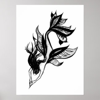 Mermaid Tattoo Style Stipple Shaded Ink Drawing Poster