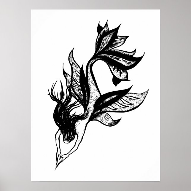 Mermaid Tattoo Style Stipple Shaded Ink Drawing Poster (Front)