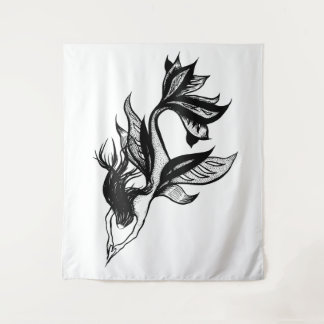Mermaid Tattoo Style Stipple Shaded Ink Drawing Tapestry