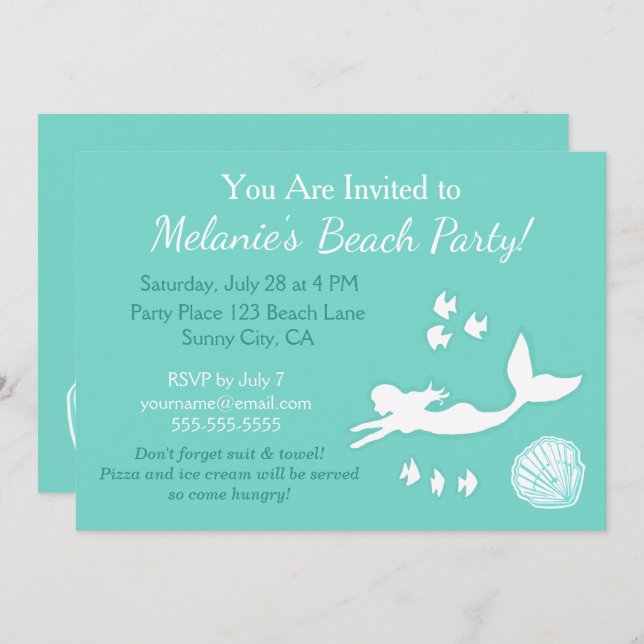 Mermaid Teal Beach Party Custom Invitation (Front/Back)