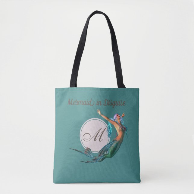 Mermaid Teal  Beautiful Monogram All Over Print Tote Bag (Front)