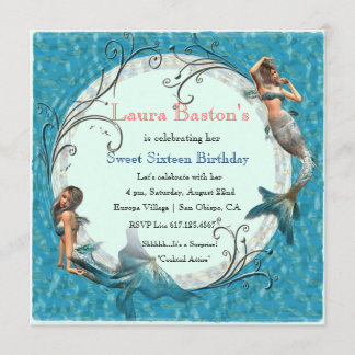 Mermaid Teal Blue Sweet 16 Birthday Invites