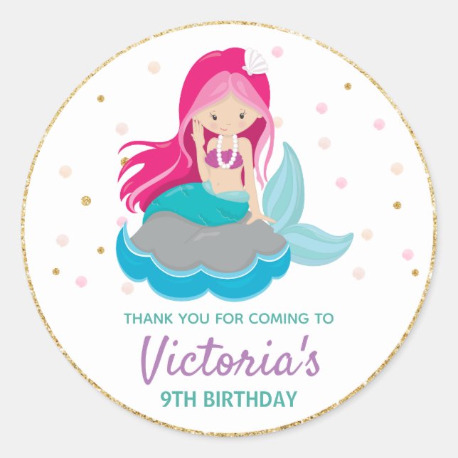 Mermaid Thank You Sticker Labels Birthday Favours (Front)