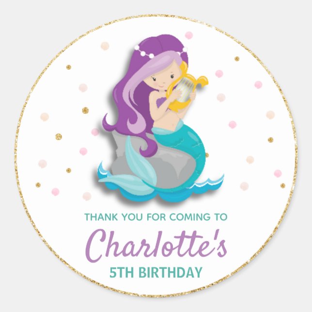 Mermaid Thank You Sticker Labels Birthday Favours (Front)