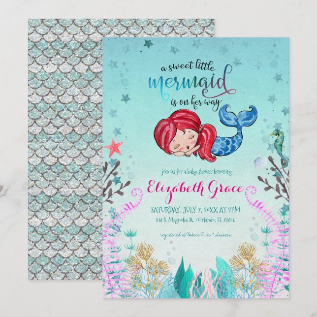 Mermaid Theme Baby Shower Invitation (Front/Back)