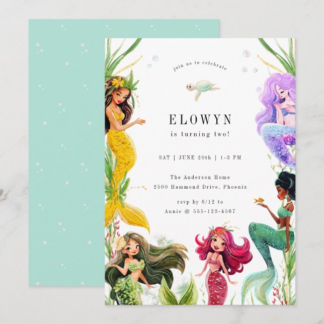 Mermaid Theme Birthday Party Invitation (Front/Back)