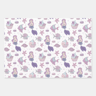 Mermaid Theme Party Teal Purple Birthday Wrapping Paper Sheet