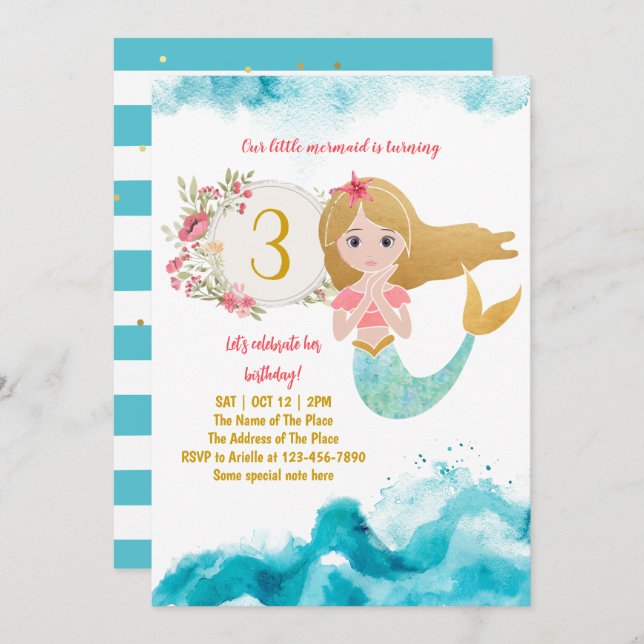 Mermaid Theme Under The Sea Baby Girl 3rd Birthday Invitation (Front/Back)